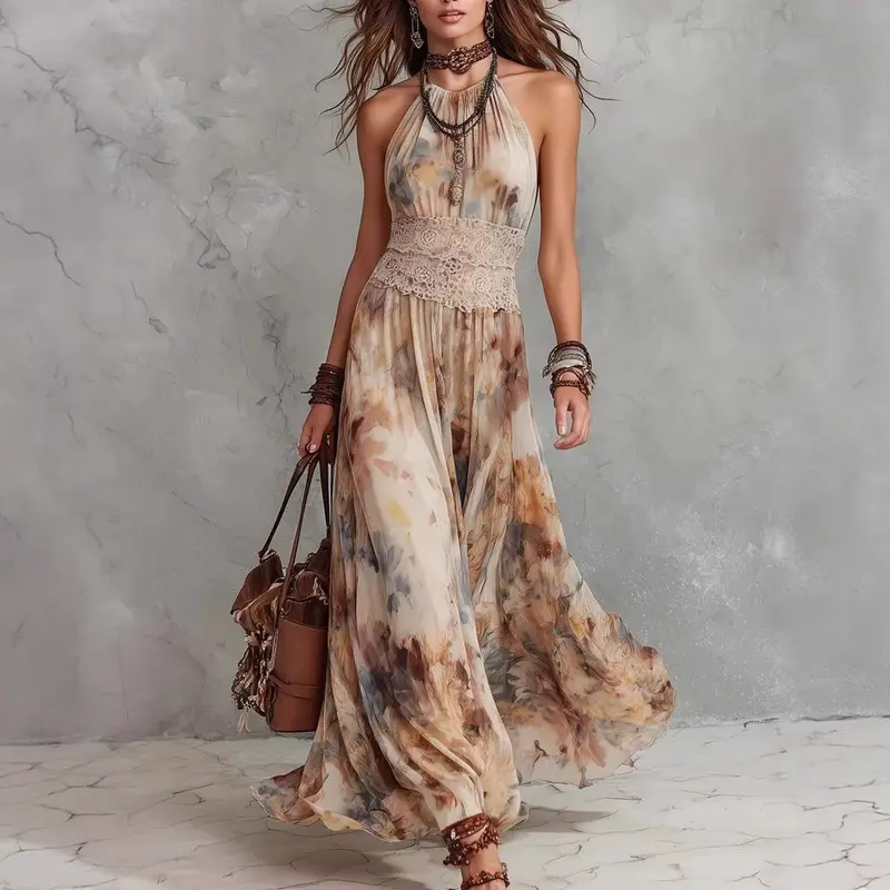 Women's Summer Midi Dress in Vintage Oil Painting Floral Print, Sleeveless Tie-Waist with Spaghetti Straps for Beach Vacation, Mid Length, Strap Waist, Street Wear, High Waist