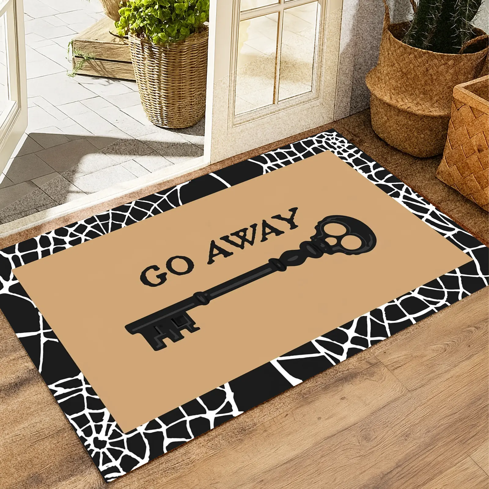 1p Non Slip Front Door Mat Go Away Skull Key Spider Web Print Absorbent Indoor Outdoor Entryway Doormat Gothic Halloween Home Decor Rug
