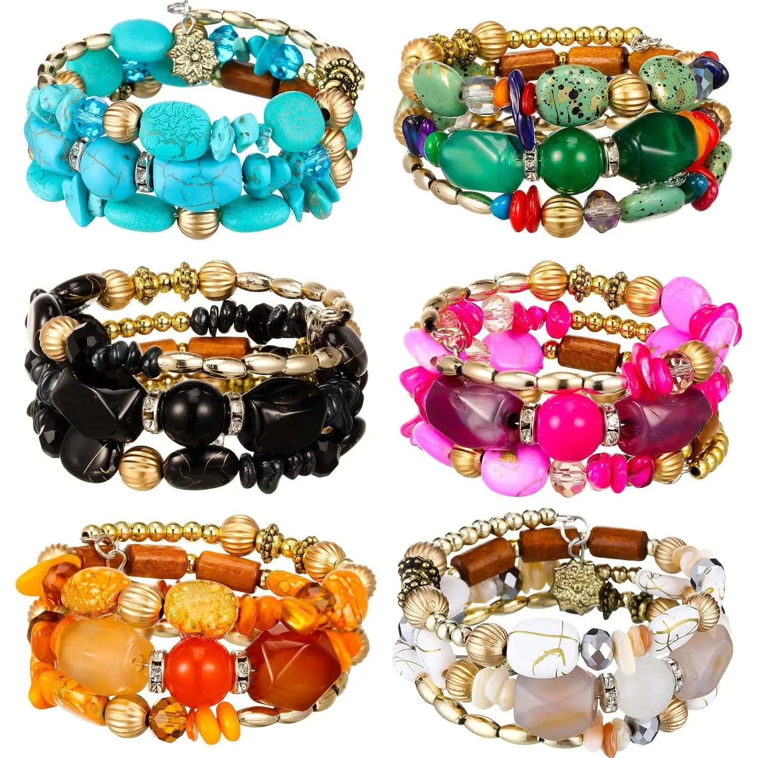 6 count Boho Multilayer Irregular  Beads  Bracelets  Yoga Turquoise Bangles Boho  for Women
