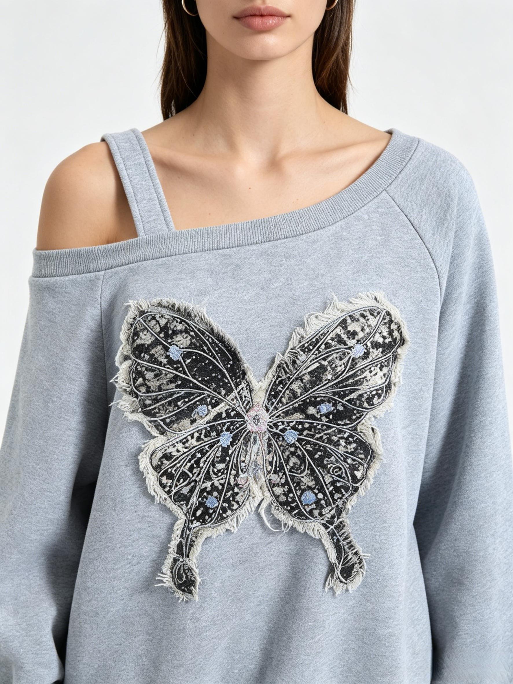 Women's Casual Butterfly Embroidered Sweatshirt, Gray Off Shoulder Asymmetrical Strap Top, Frayed Edge Long Sleeve Pullover, Fashion Daily Wear for Outdoor Activities & Relaxed Outfits