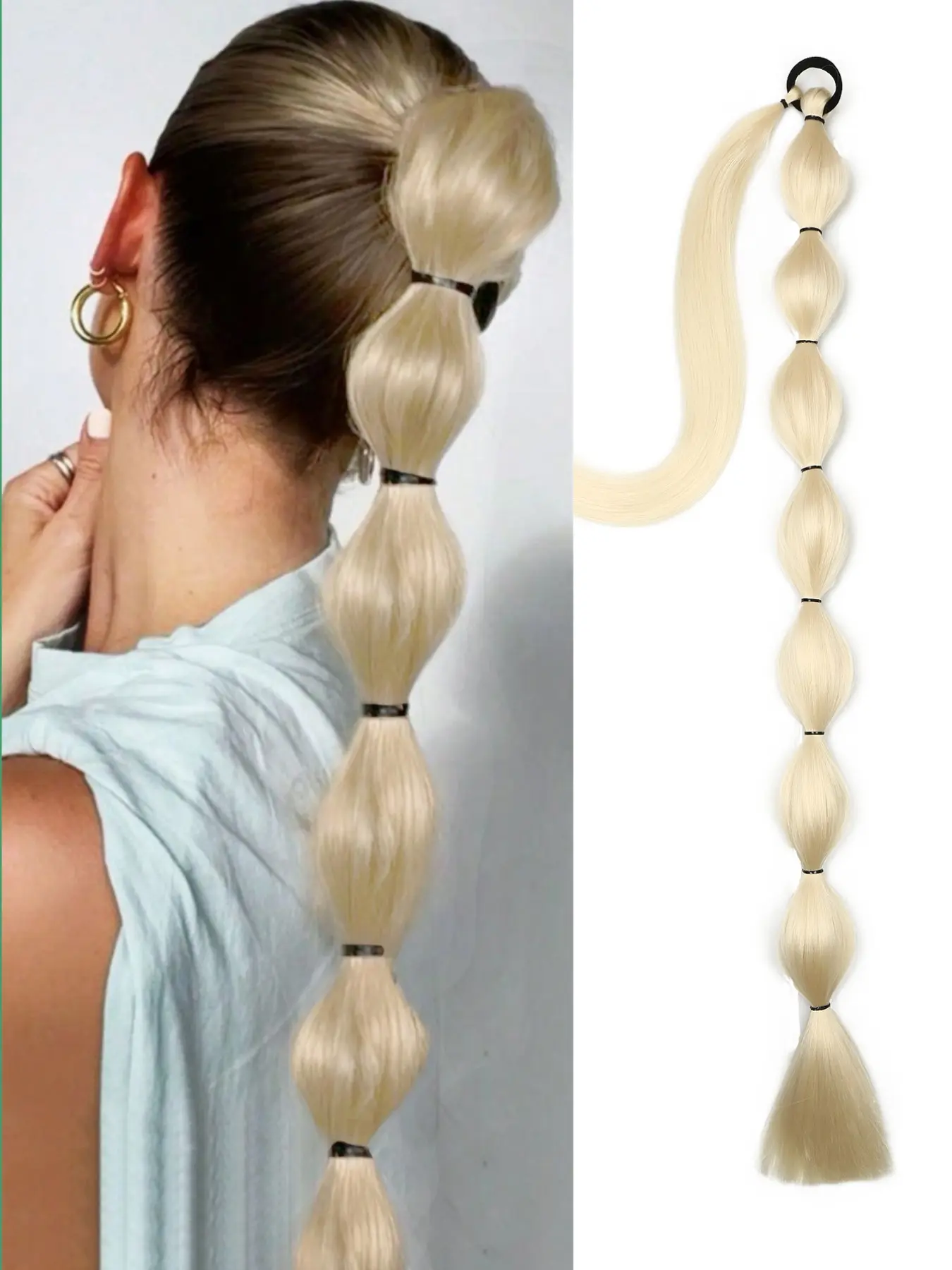 34 Inch Bubble Ponytail Extension with Hair Tie, Blonde Yaki Synthetic Bubble Ponytail Hair Extensions, Soft Smooth Bubble Braided Pony Tail Hairpieces for Women Wear Daily Party Cosplay Halloween Christmas