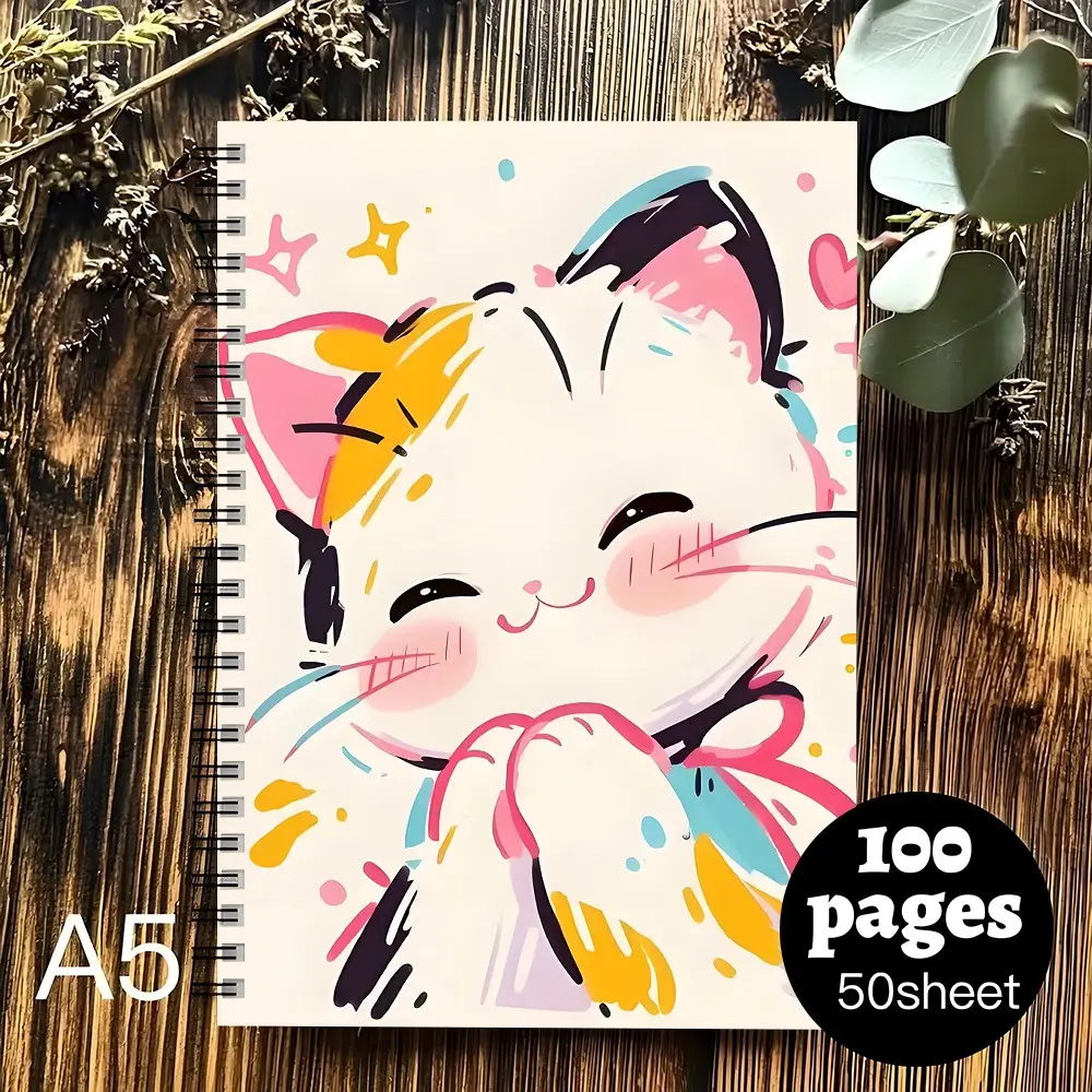 A5 Cute Colorful Calico Cat Spiral Notebook 100 Pages, Kawaii Happy Kitten Art Journal Notebook, Bright Cute Aesthetic Writing Stationery, Lovely Cat‑Lover Gift for Girls Teens Women, Applicable to schools and workplaces,CatTok