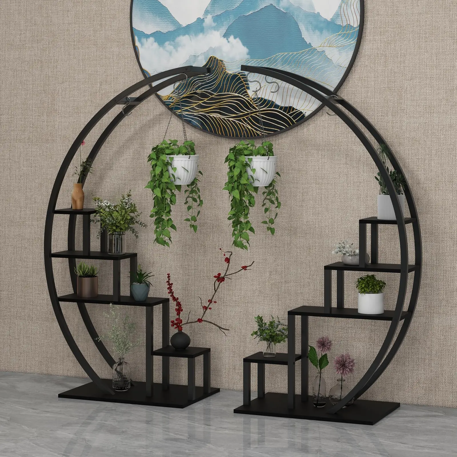 Garvee 5 Tier Tall Metal Plant Shelf with Hooks, Half Moon Shape Large Plant Shelf 2 Pack, Modern Flower Rack for Home Patio Lawn Garden Balcony, Black