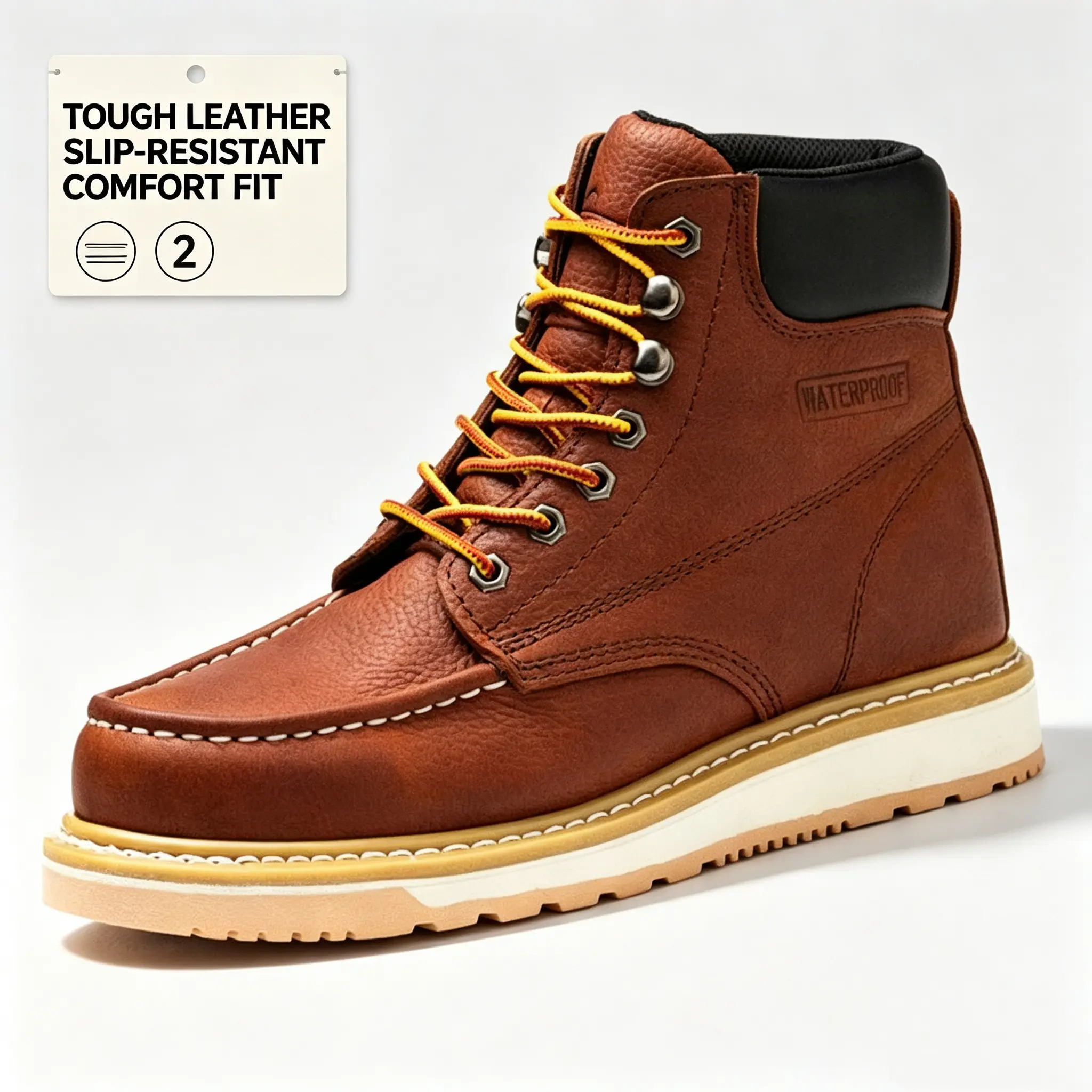 AZXPROT Men's 6" Waterproof Cowhide Leather Work Boots - Lightweight, Non-Slip Wedge Sole Footwear with Soft Cushioned Insole, Breathable Lace-Up Shoe for Workers, Walking, Construction, Walking Shoes