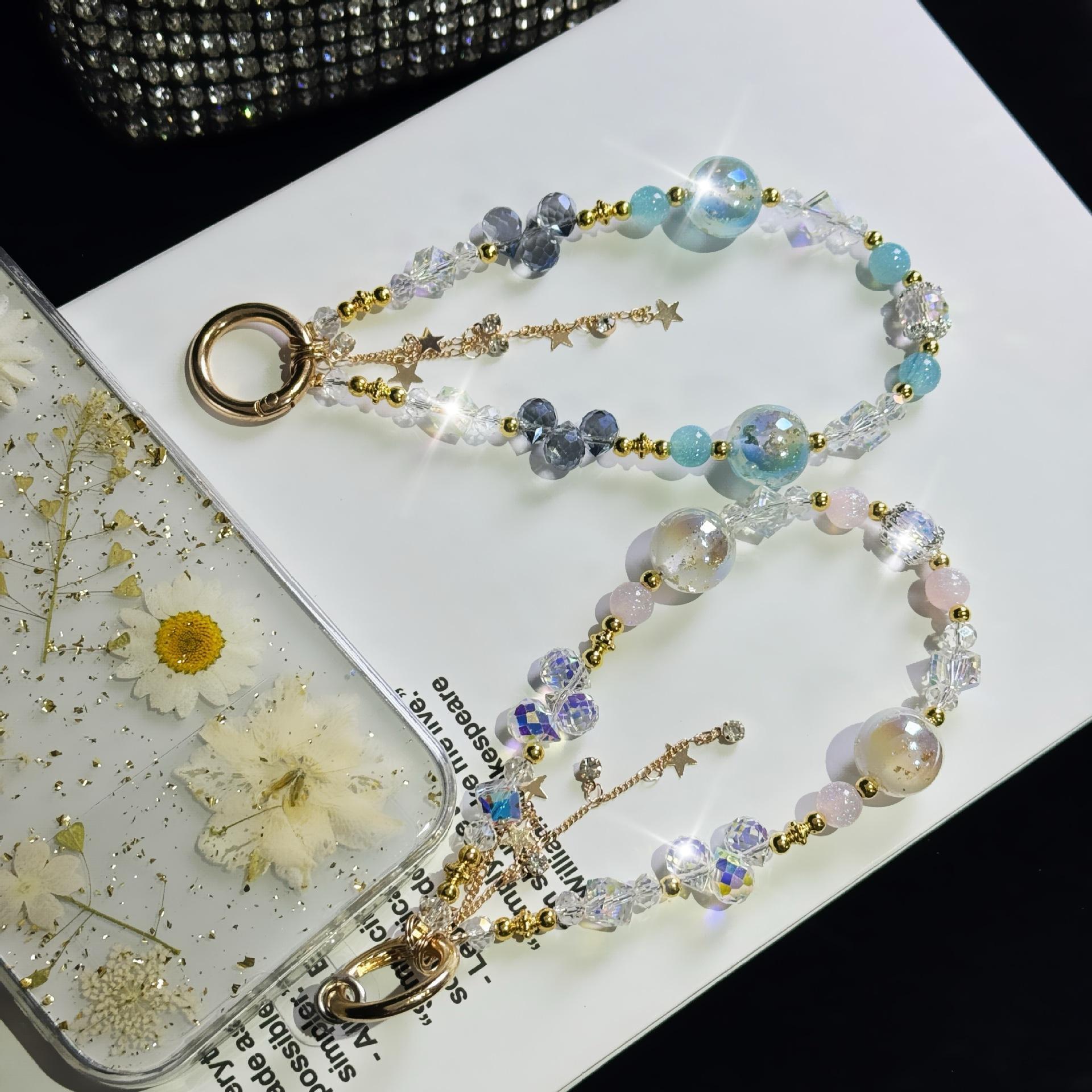 For Light Luxury Crystal Mobile Phone Chain Beaded Short Wrist Chain Fashion Butterfly Pendant Gold Leaf Hand-Made Lanyard