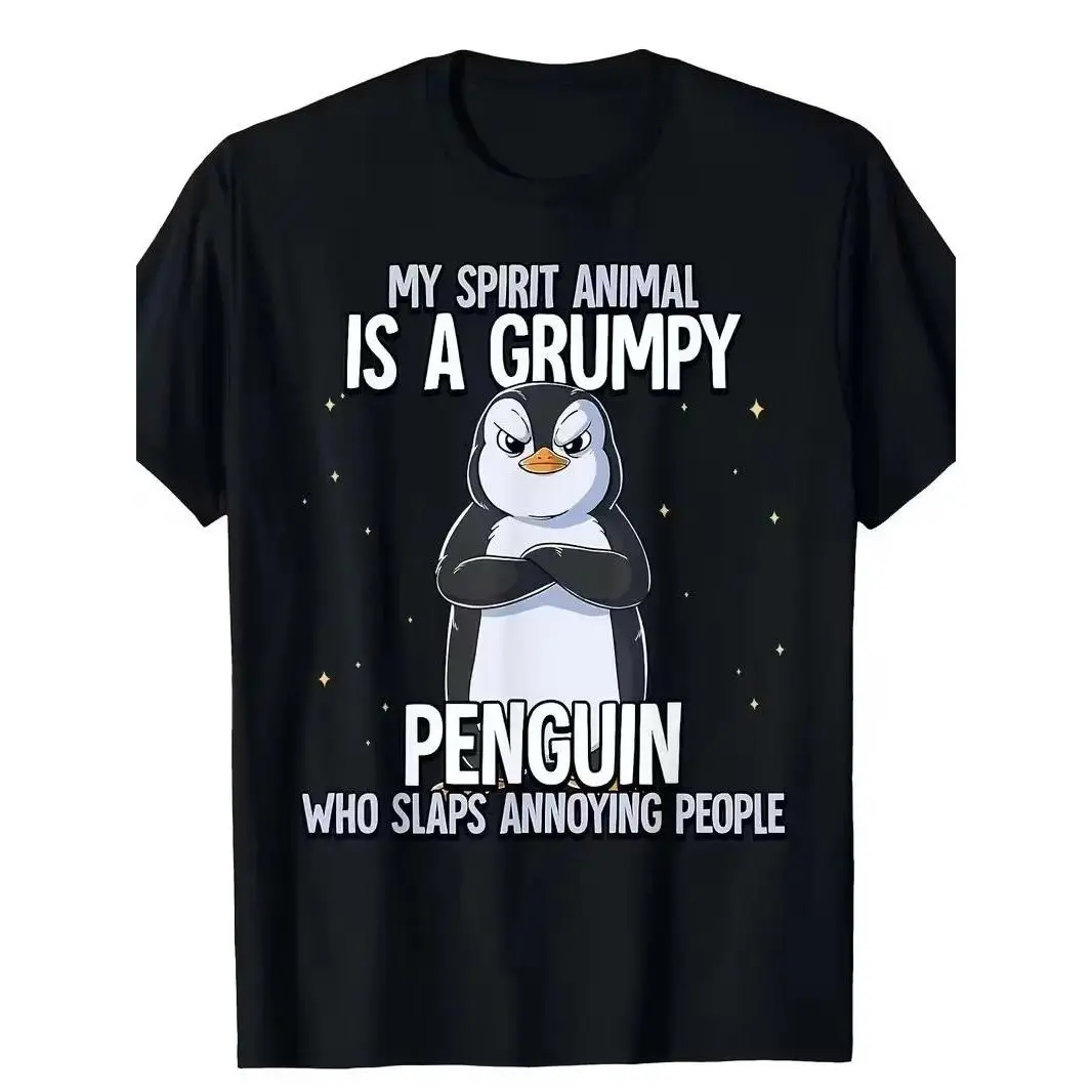 Men'S Fun Penguin Graphic T-Shirt - "My Spirit Animal is a Grumpy Penguin" Saying Tee - Lightweight Summer Shirt for Everyday & Formal Wear - Casual Round Neck Top for Men - Fun Animal Lover Gift Idea, Penguin Gifts, Humorous Apparel, Playful Design,