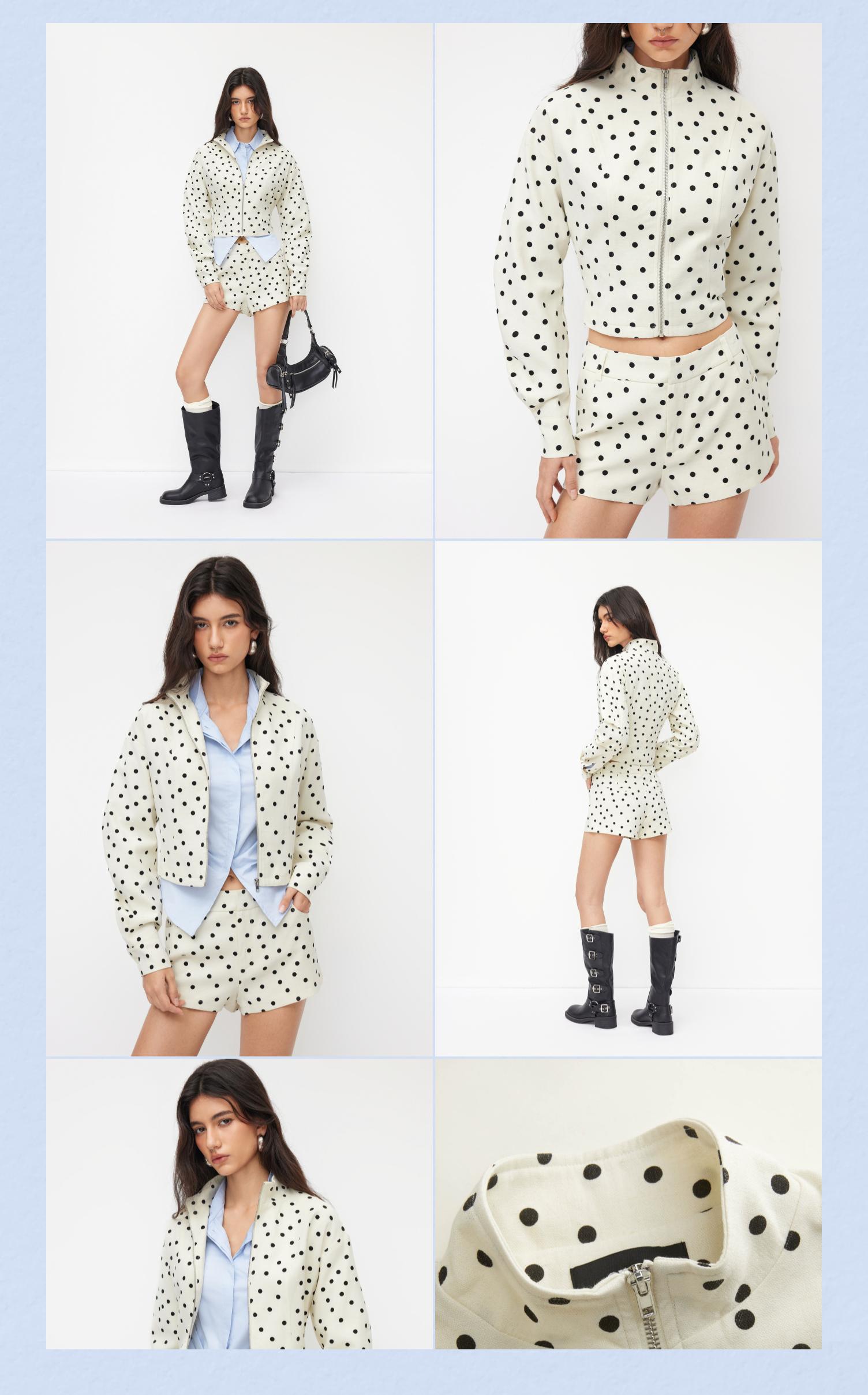 Cider Linen-blend Polka Dot High Neck Zip Through Jacket