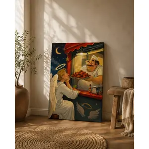 Angel at Food Truck with Chef Vertical Canvas Wall Art, Whimsical Humorous Poster, Home Decor for Kitchen Living Room, Available as Unframed Canvas Poster or Framed Canvas Wrap