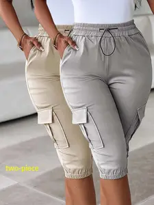 Women's Loose-Fitting Casual Cargo Trousers, Solid Color Seven-Quarter Pants, Elastic Waist, Fashionable Multi-Pocket Design, Everyday All Seasons, Womenswear Bottom