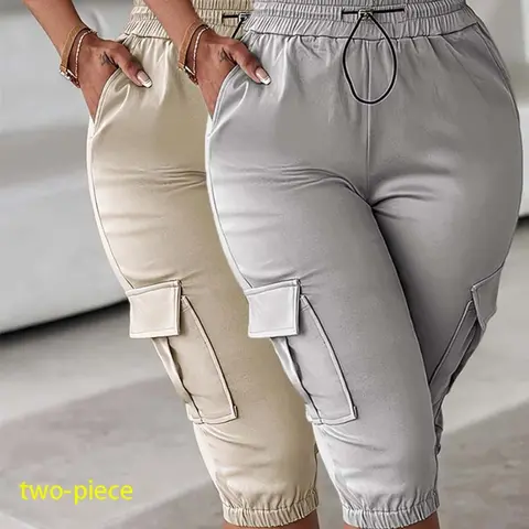 Women's Loose-Fitting Casual Cargo Trousers, Solid Color Seven-Quarter Pants, Elastic Waist, Fashionable Multi-Pocket Design, Everyday All Seasons, Womenswear, Bottoms for Lady, Fashion Versatile Pants