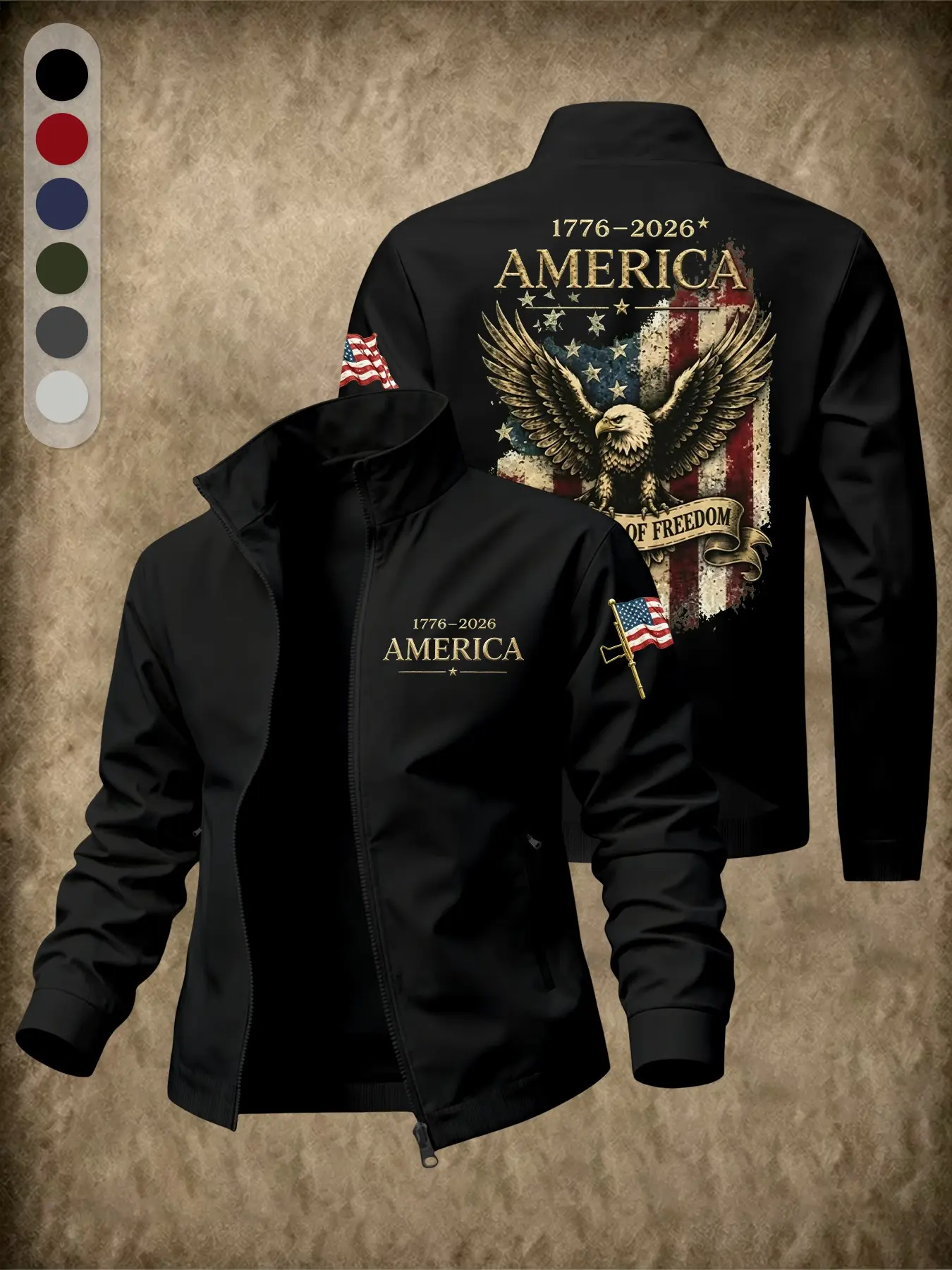Men's Vintage American Flag Jacket, Lapel Collar Full Zipper Pocket Design, Sporty Outerwear for All Seasons, Perfect Gift for Veterans