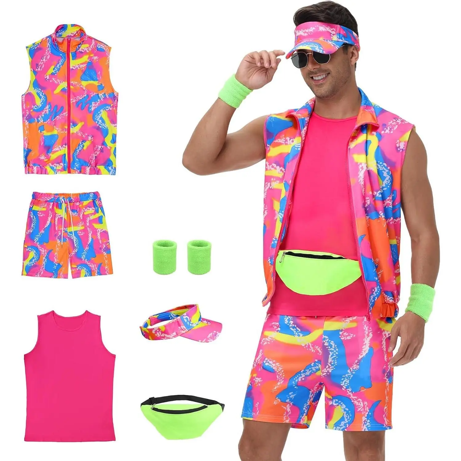 Men's Neon Retro Workout Costume Set with Accessories - Vintage Style Matching Outfit for Couples Parties Dancing HalloweenGift
