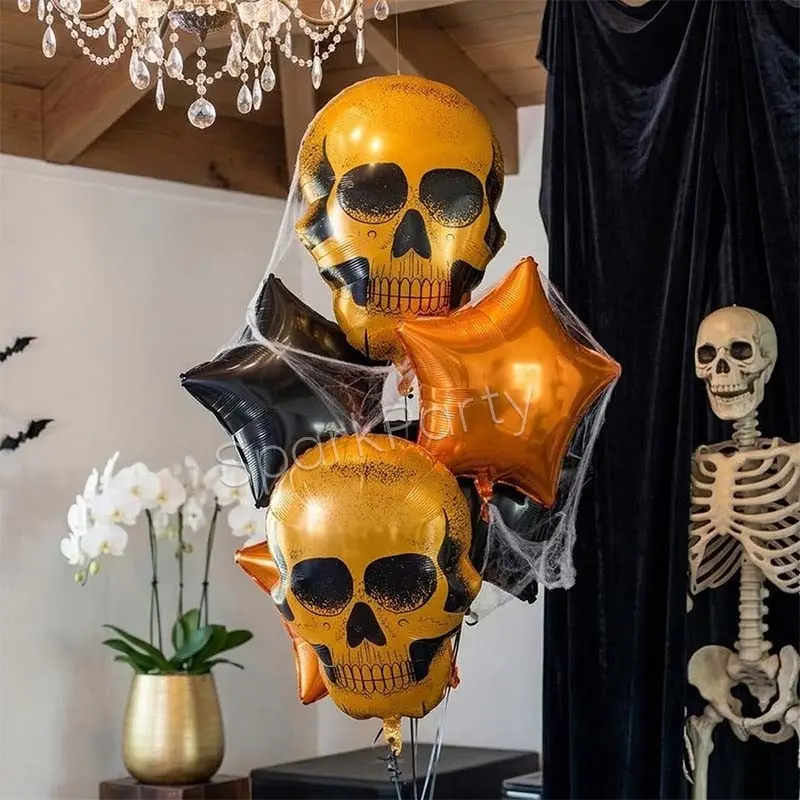 Halloween Balloon Set, Giant Skull Aluminum Foil Balloons, 18-Inch Star Balloons, Gothic Horror, Scary Spooky, Outdoor Indoor