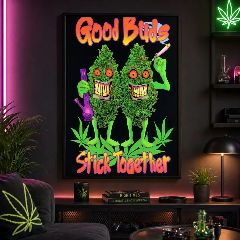 "Good Buds Stick Together" Blacklight Pot Poster - Vintage, Waterproof, Artistic Artwork, Minimalist Canvas Print with Box, Home Decor for Bathroom, Dorm Hanging, Gift for Apartment Residents, Blacklight Wall Art, Psychedelic Poster, Dorm Room Decor