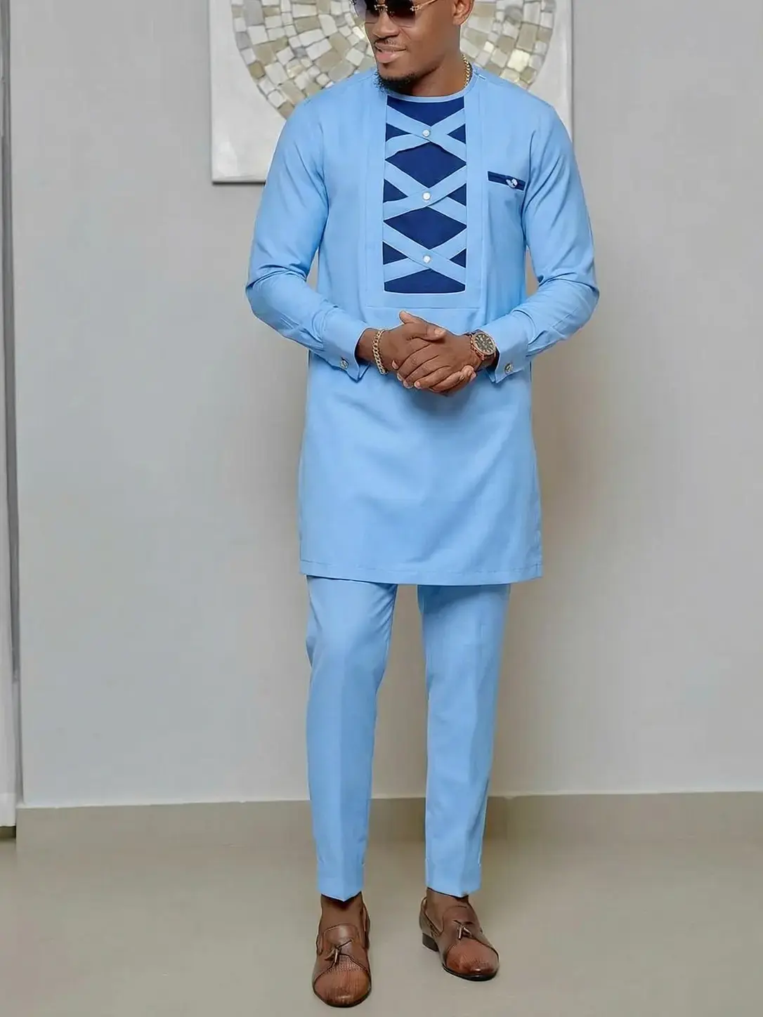 Men's Muslim Modest Kaftan Kurta Set Outfits, Round Neck Long Sleeve Blouse & Pants, Casual African Style, Wedding Party Business Gift, Traditional Clothing, Classy Tops Clothes For Muslim
