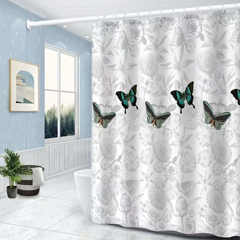 1 piece thickened polyester shower curtain, gray butterfly pattern, machine washable heat transfer bathroom door curtain, non-porous hanging wet-dry separation, quick-drying blackout home decoration, universal in all seasons and festivals