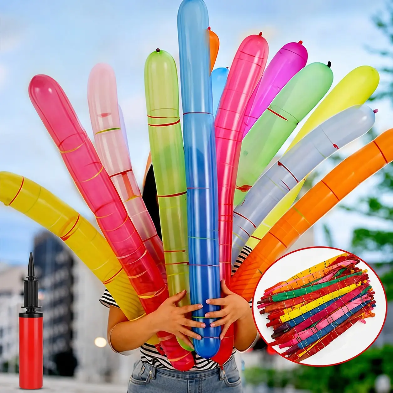 50 Screaming Flying Balloons (with pump), long balloons that make a farting sound when released, durable and reusable inflatable toys, perfect for outdoor parties, children's birthday gifts, and interactive multi-colored balloons.