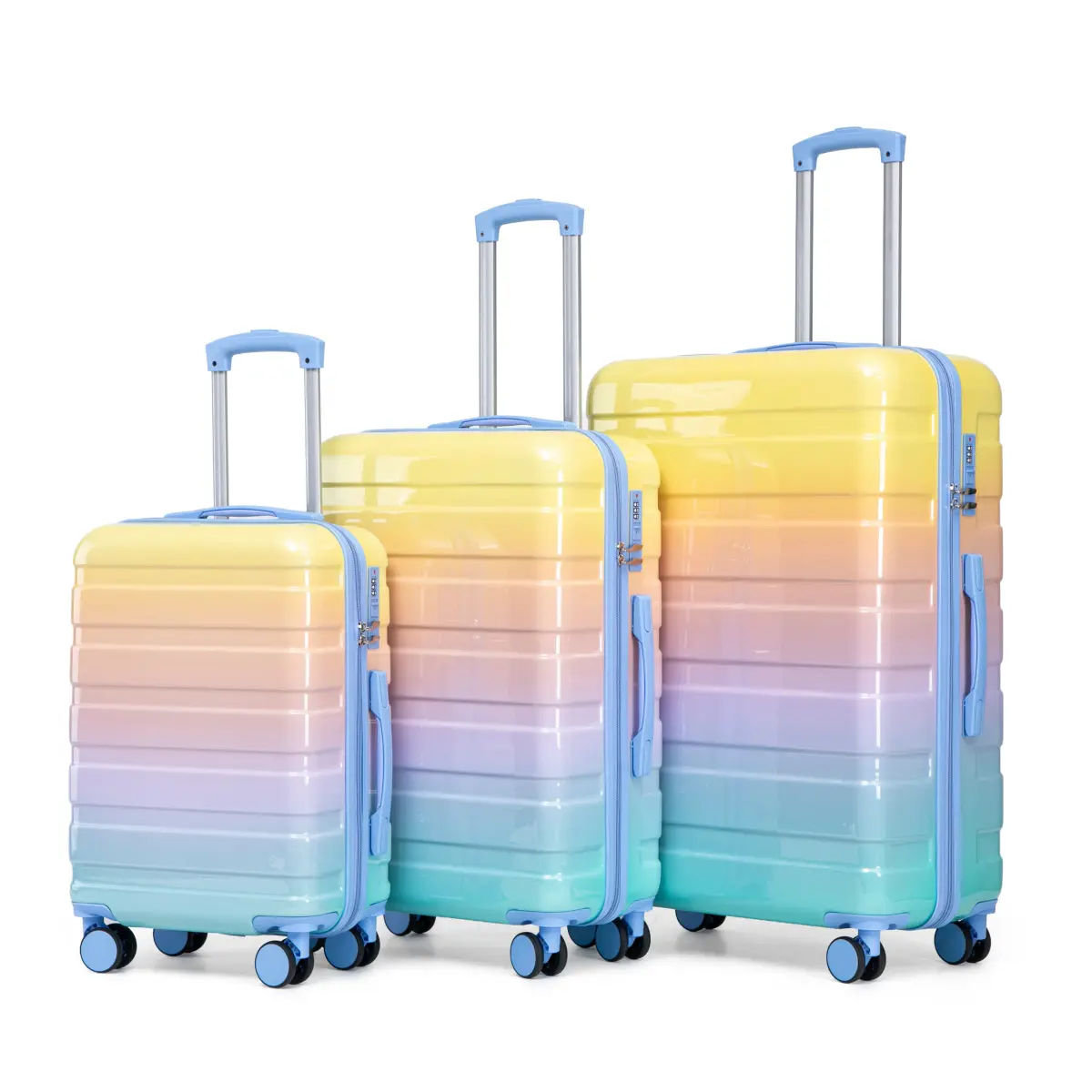 Luggage Set 3 pcs, 20"/24"/28" set in PC Spinner Wheel, Carry on Suitcase, With Gradient Color and Combination Lock(Blue+Yellow)