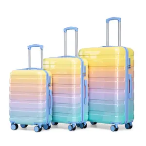 Luggage Set 3 pcs, 20"/24"/28" set in PC Spinner Wheel, Carry on Suitcase, With Gradient Color and Combination Lock(Blue+Yellow)