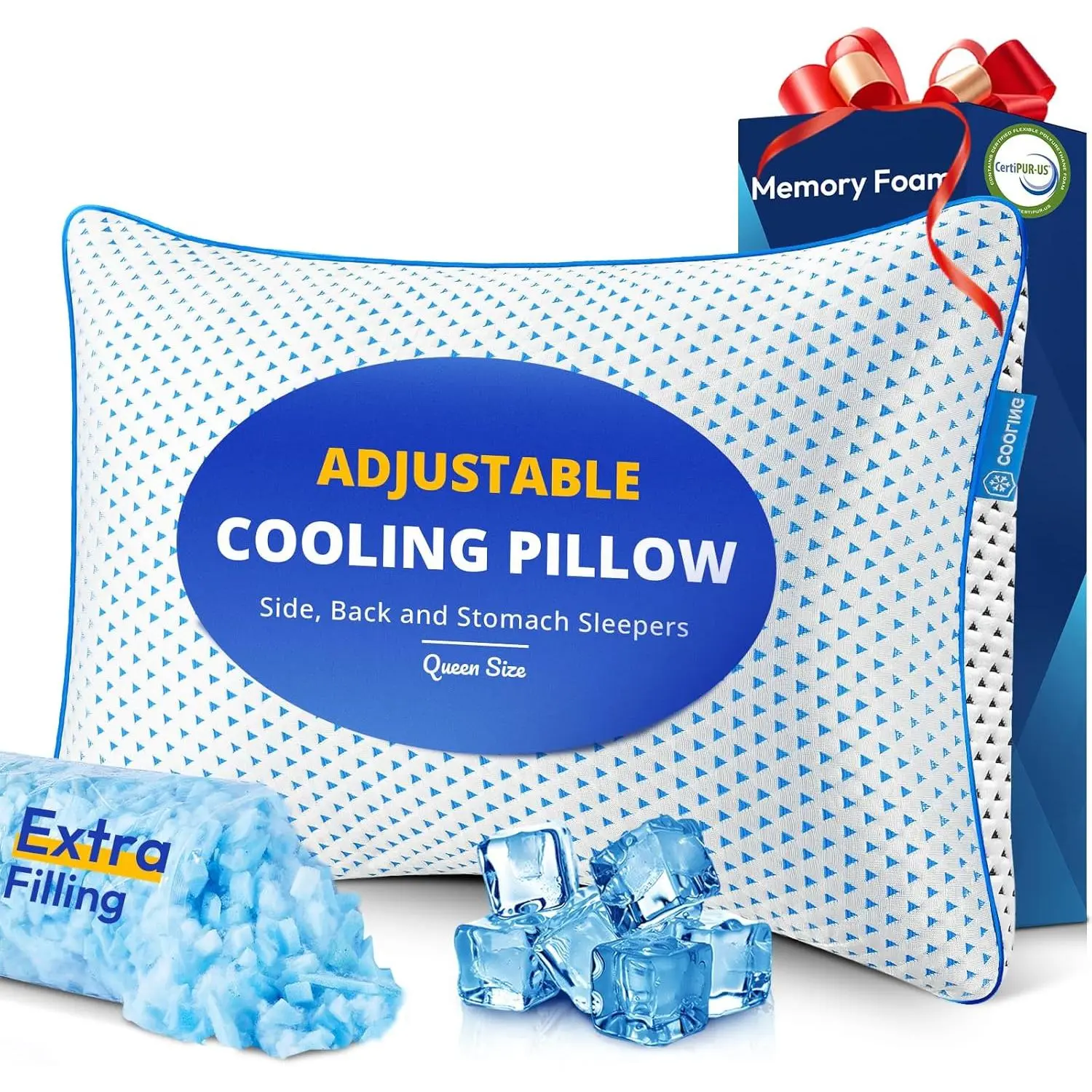 Queen Size Cooling Gel Pillow (1 Pack) - Thick Firm Shredded Foam Hotel Quality Pillow with Dual Sides, Breathable Sleep Support, CertiPUR-US Certified for Side/Back Sleepers, College Dorms