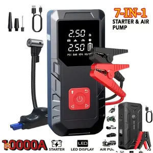 6000A Portable Car Jump Starter Optional10000A Portable Car Jump Starter (with 350PSI Tire Inflator) 7-in-1 Car Battery Charger Jump Starter Accessories And Tools LED Light USB Type-C And USB Output Interfaces Fast Charging Function
