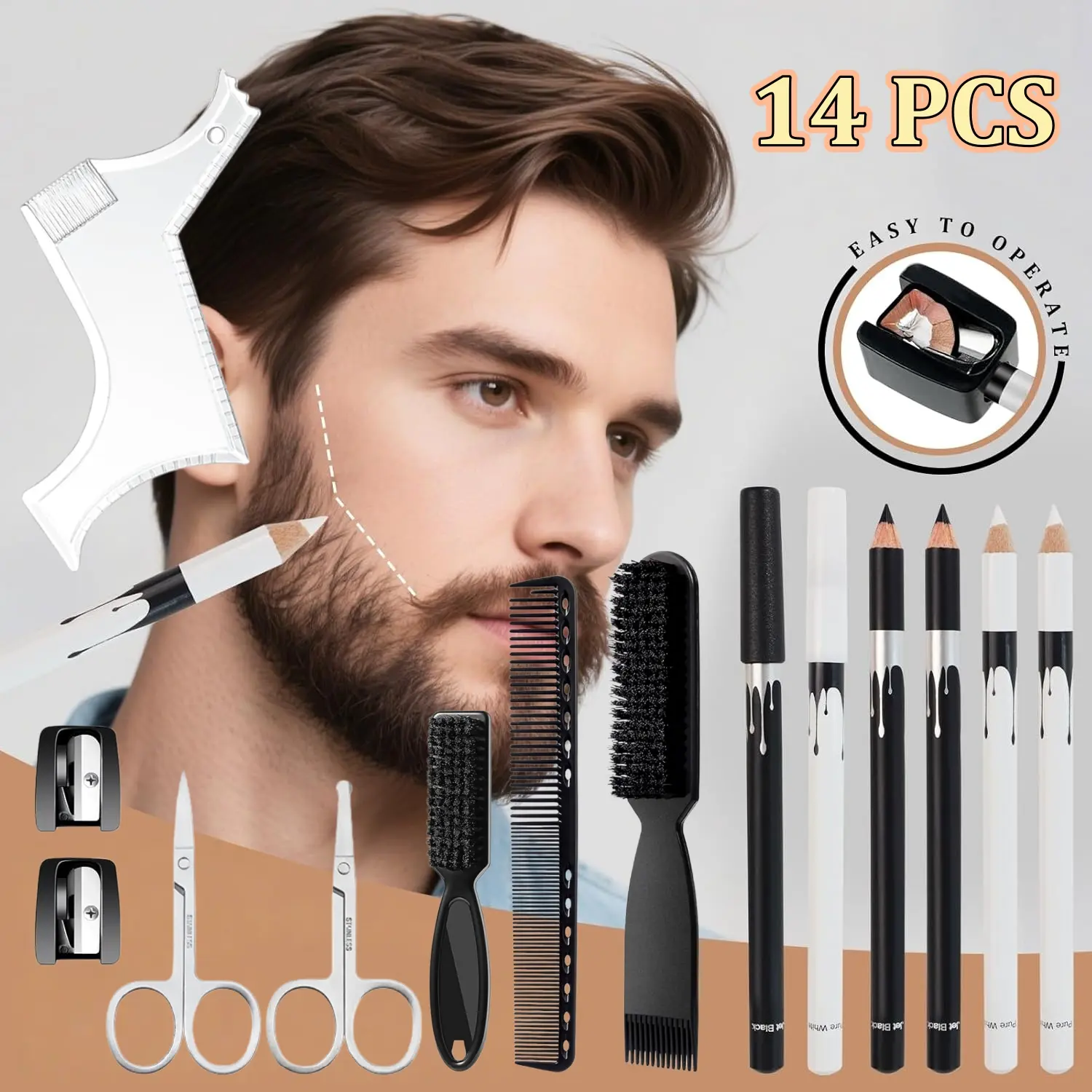 14Pcs Men Beard Grooming Shaper Tool Kit, Include White Black Barber Pencil With Sharpener, Hairline Beard Shaping Guide, Facial Hair Trimming Scissors, Barber Comb, Cleaning Brushes For Beard Lineup Edging Shaping