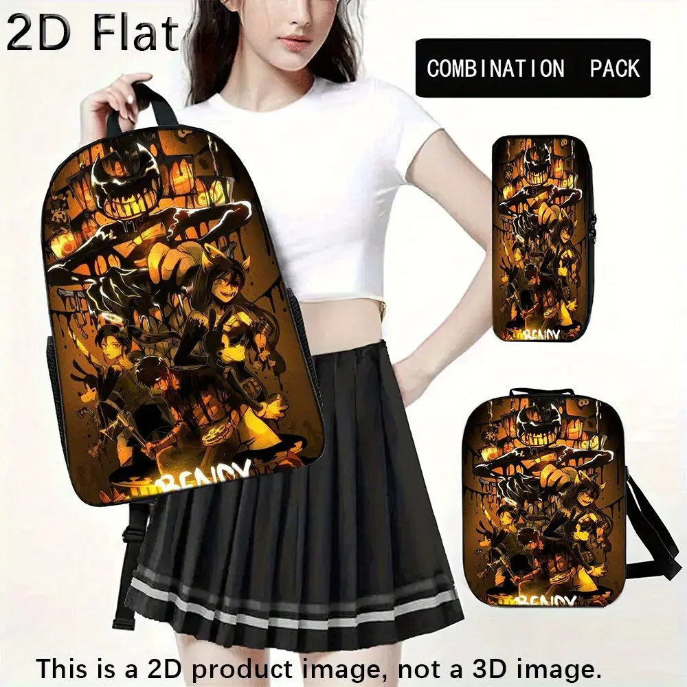 3PCS Water Resistant Backpack Set, Bendy And The Ink Machine Horror Ink Monster Group Print Backpack Insulated Lunch Bag Pencil Case 600D Oxford Horror Game Fans Student Daily Kit