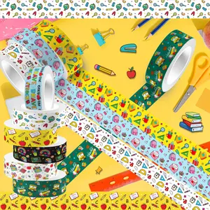 12 Rolls School Supplies Pattern Paper Tape, Alphabet Apple Book Bus Print, Handmade Scrapbooking Gift Packaging, DIY Decorative Tape