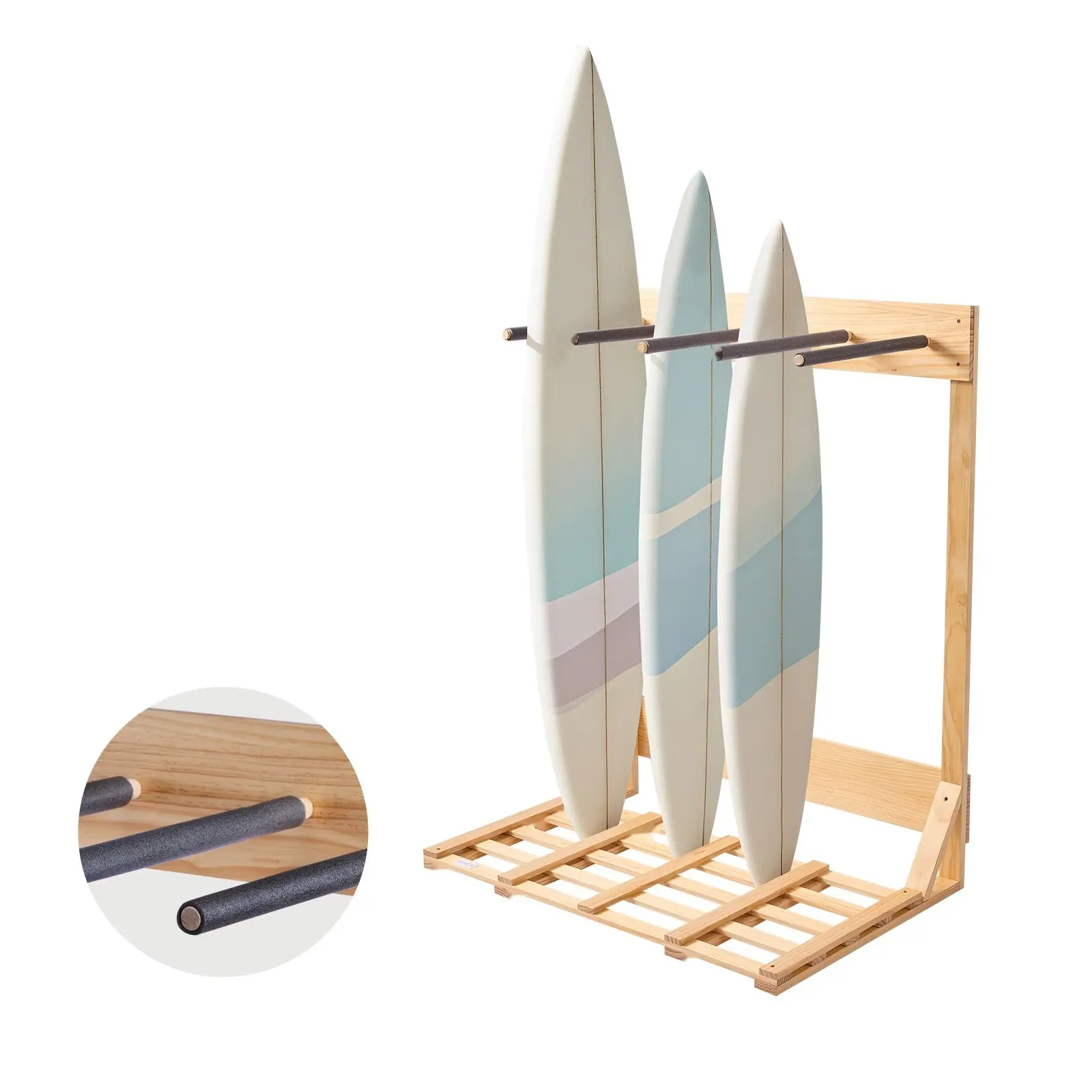 Vertical Surfboard Stand with Four-Tier Wooden Rack for Home Storage and Display, Freestanding Board Organizer for Surfboards, Wakeboards, Snowboards, Kiteboards, Shortboards, Skis and Other Gear, Durable Floor Display Rack