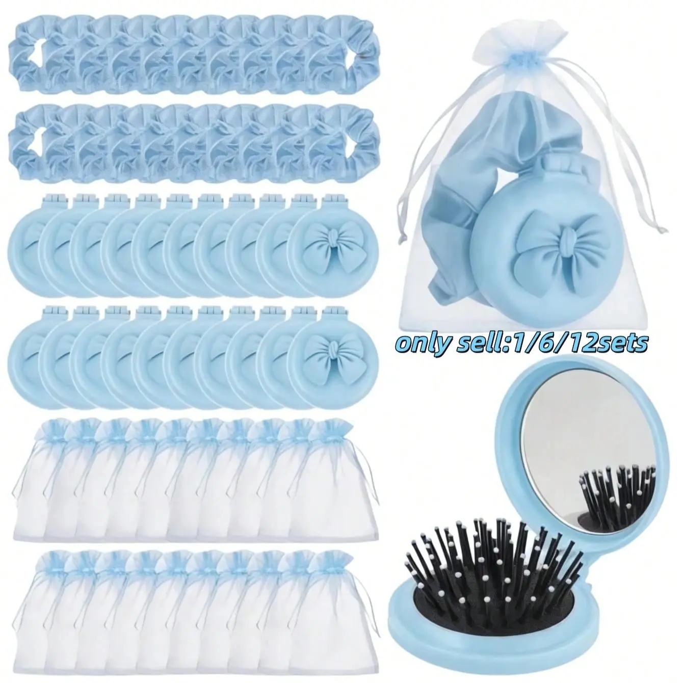 Blue Bow Party Gift Set, Bow Folding Mirror, Mini Travel Comb, Mirrored Hairband, Satin Headband, Party Celebration Bag, Party Gifts