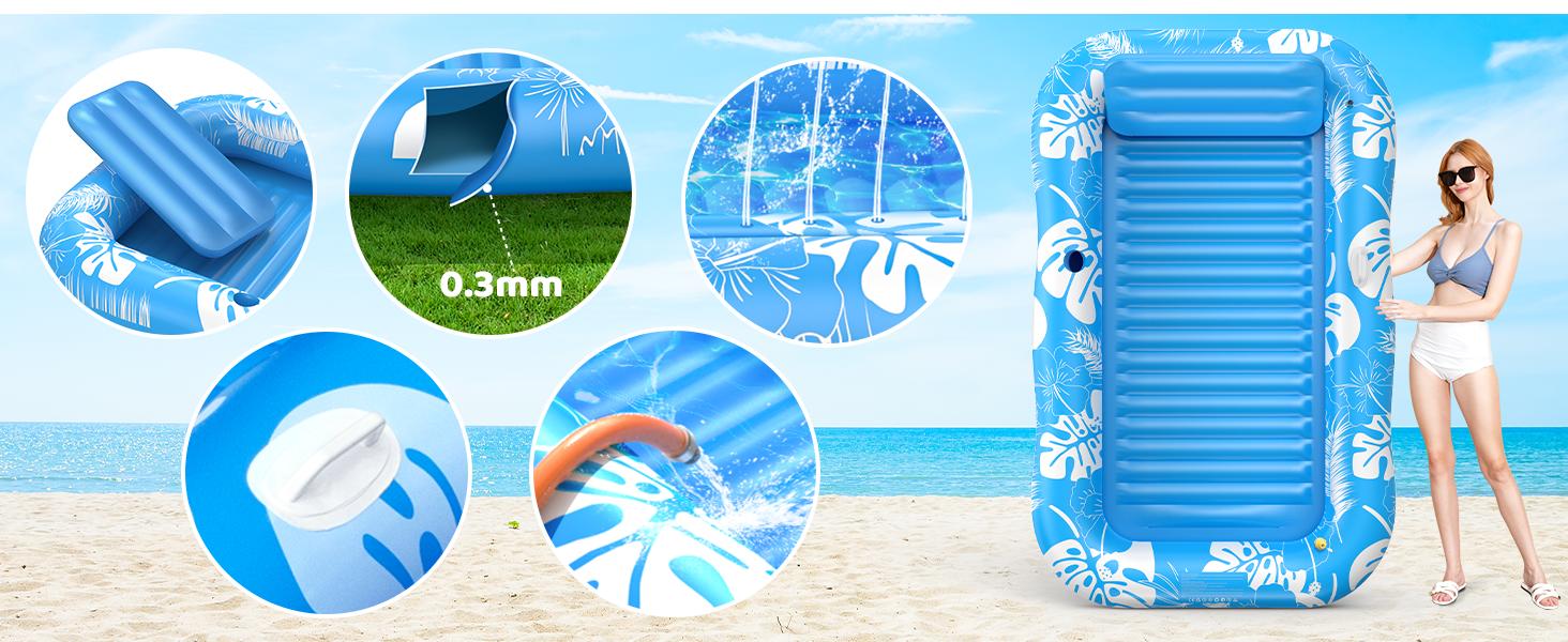 Inflatable Tanning Pool Lounger Float with Sprinkler, 77" x 48" Pool Floats Adult with Pillow, 6 in 1 Suntan Tub Raft Floatie with Drink Holder Sunbathing Water Lounge