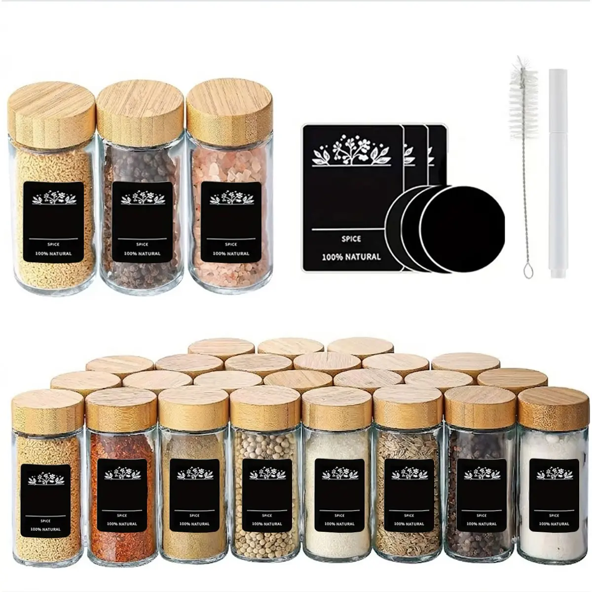 8/12/24pcs Glass Condiment Bottles Set with Pen and Label, 4oz Round Spice Jars with Wood Grain Lid, Ideal for Spice Rack, Cabinet, Drawer