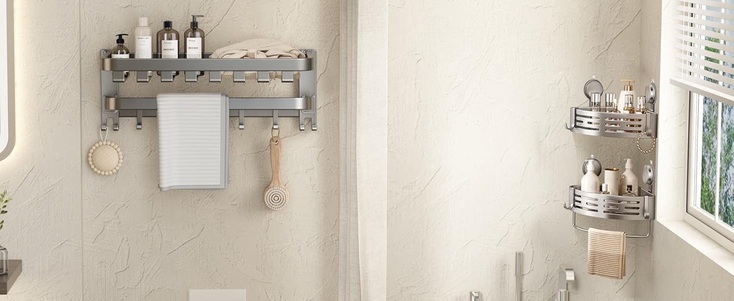 Corner Shower Caddy Suction Cup Shower Shelf Corner No Drilling Bathroom Shower Organizer Storage Rack Adhesive with Towel Bar Hooks (,Matte Gray) : Home & Kitchen