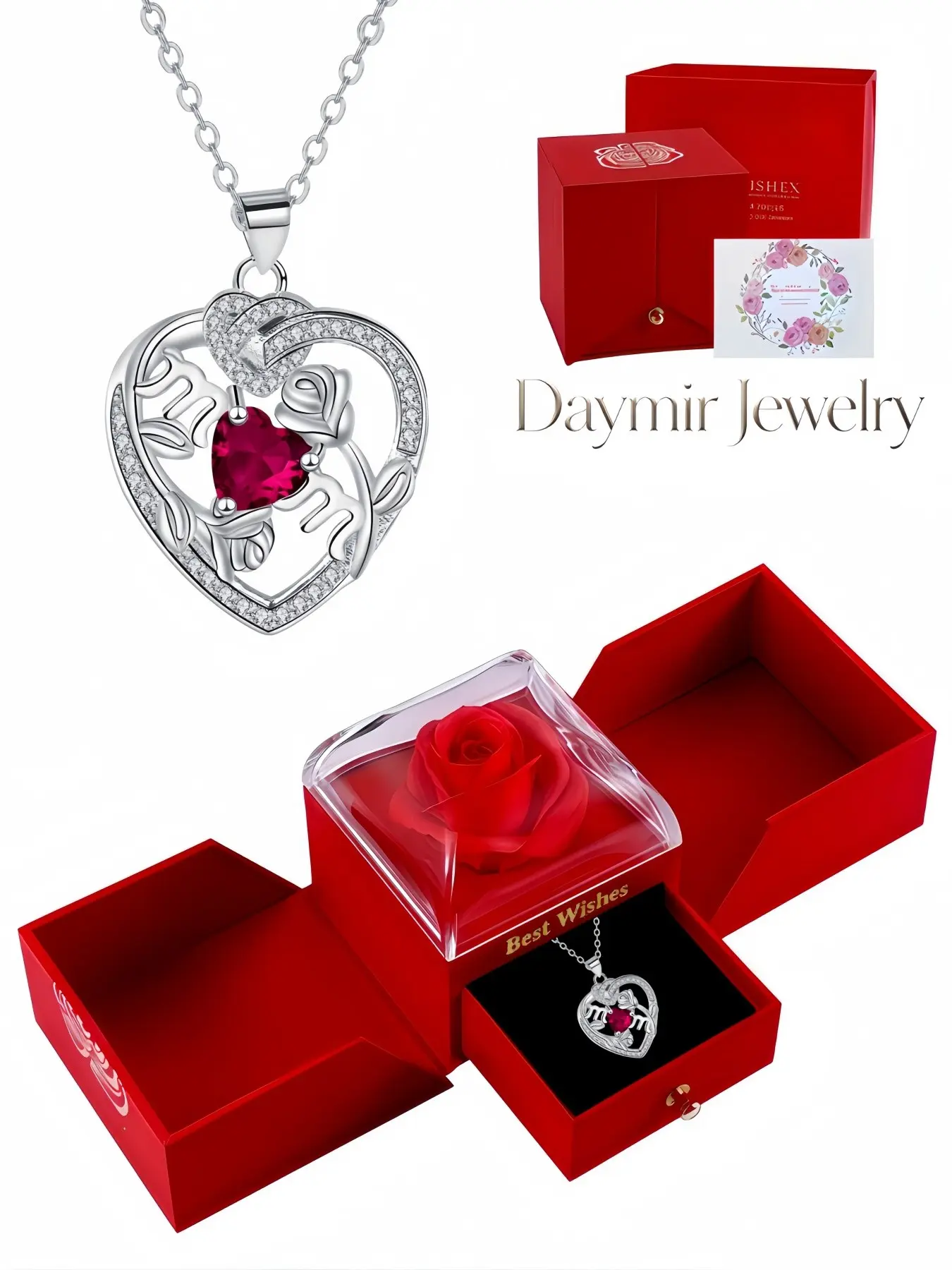 "Burning Heart Wrapped Diamond" Heart Rose MOM shiny gemstone necklace. Comes with surprise double-door simulated eternal rose jewelry box, wonderful gift for best friends, birthdays, Christmas and all holidays.