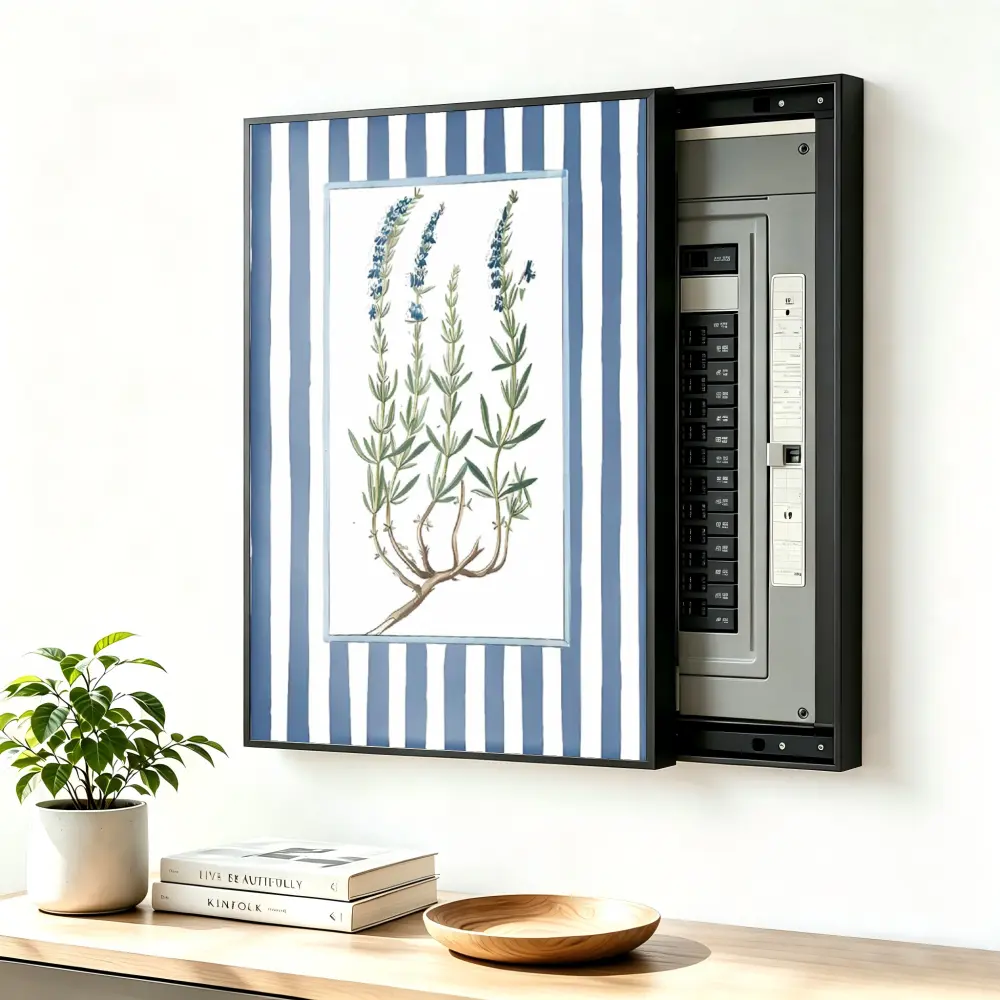 ElectricalPanel Cover Decorative Breaker Box Cover Fuse Box Cover Blue White Striped Botanical Print Aluminum Alloy Frame With High Quality Canvas, LivingRoom Home Office