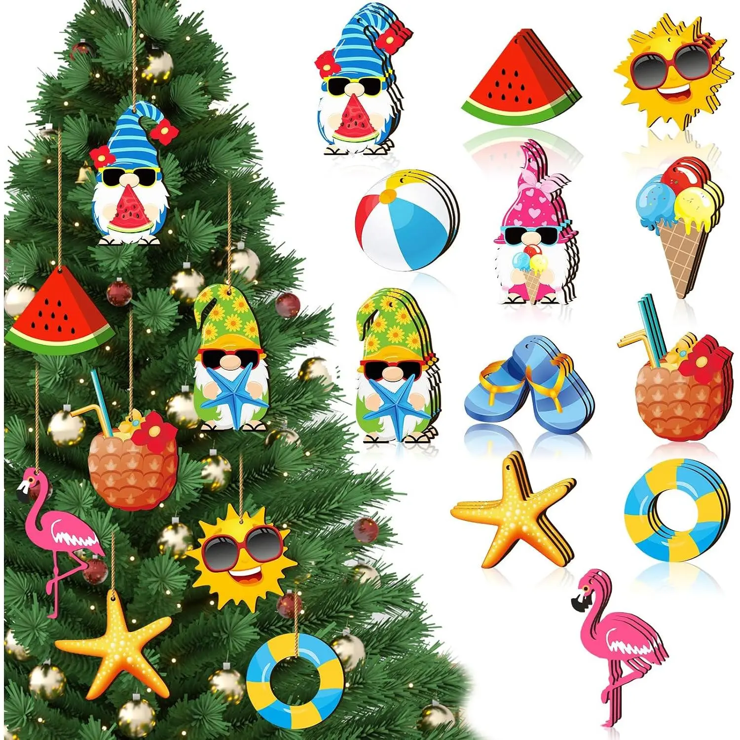 36 count Summer   Ornaments for Tree Christmas in July Mini Tree Decorations Hawaiian Beach Wooden Pendant Decorations with String for Luau Party Supplies()