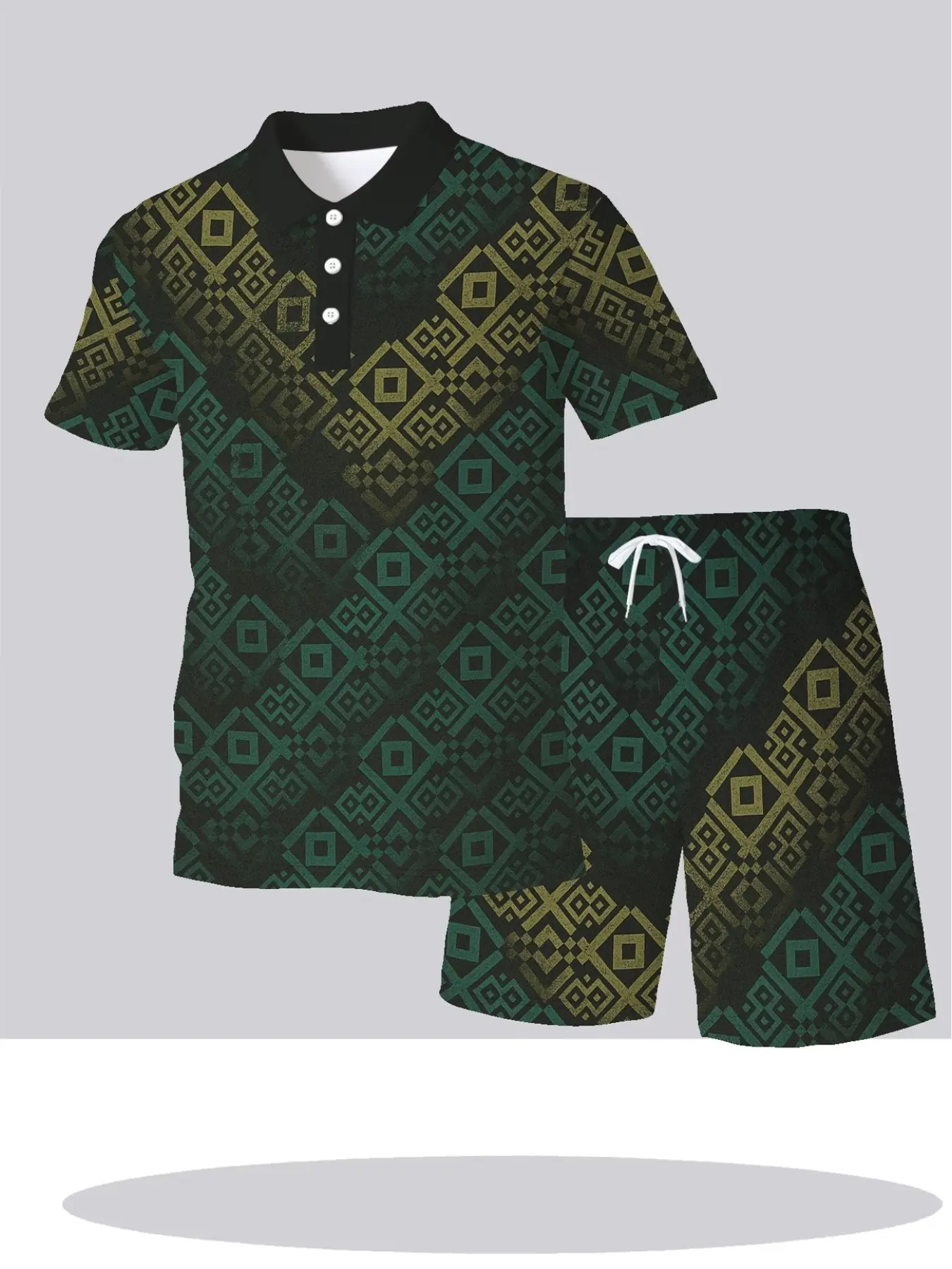 Men's Polo Set, Short Sleeve Polo Shirt and Shorts, Casual Summer Vacation Style, Slim-Fitting, All Seasons, All over Print