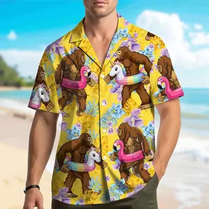 Bright Tropical Yellow Bigfoot Hawaiian Shirt, Cartoon Unicorn Flamingo Pool Float Print Short Sleeve Aloha Top for Men Women Youth Summer Beach Vacation # TikTokMadeMeBuyIt # BigfootShirt # TropicalAloha # PoolFloatHawaiianShirt