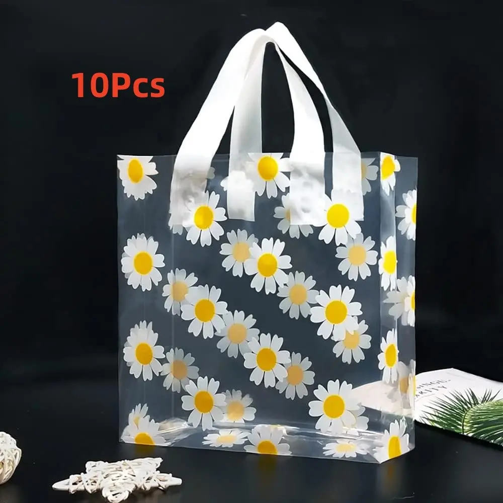 Transparent Plastic Gift Bag with Handle, 10-Pack Daisy Pattern Shopping Bags, Reusable Gift Wrapping Supplies for Birthdays, Holidays, Parties, Retailers