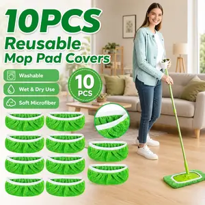 10-Pack Reusable Microfiber Mop Pad Covers, 10"×4.5" Elastic-Fit Replacement Pads,Washable Microfiber Replacement Pads for Wet and Dry Cleaning, Hardwood, Tile and Laminate Floors, Green Reusable Pads for Home, Office and Restaurant Use