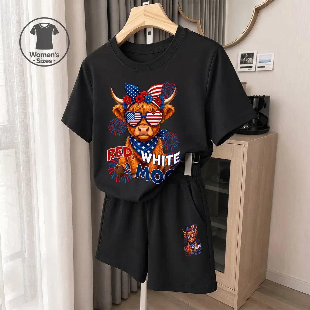 Women's Patriotic Highland Cow Graphic Short Sleeve T-Shirt And Shorts Set, Casual Summer Two-Piece Outfit With Crew Neck Top And Drawstring Waist Shorts For Daily Wear