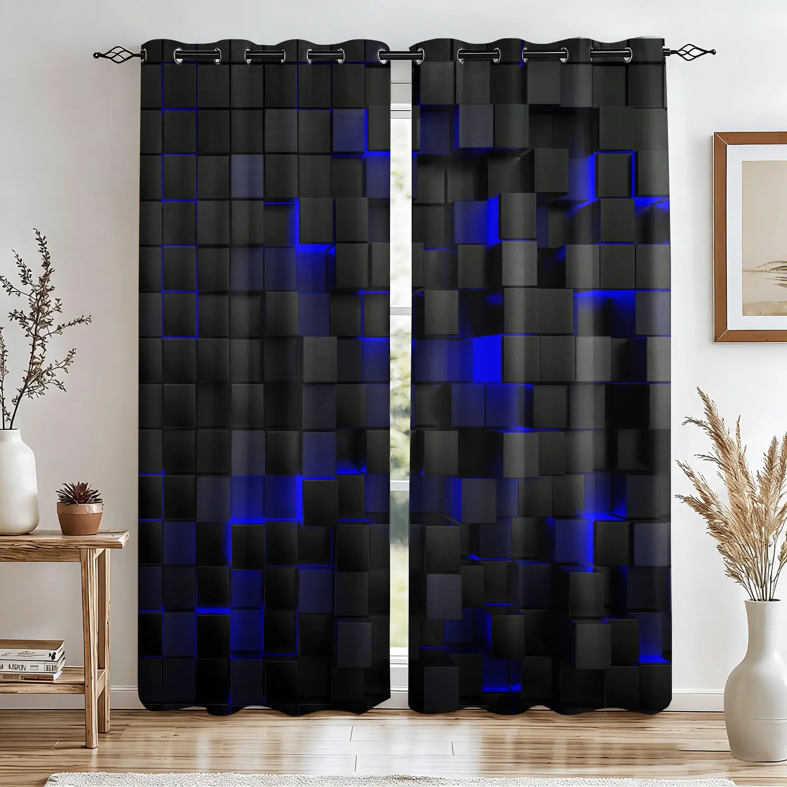 Blue and Black Neon 3D Block Esport Print Blackout Curtains-Metal Rings Easy Install-Royal Blue Neon Light and Square Pattern-Insulated Noise Blocking Drapes-Bedroom Living Room Gaming Room Dorm Decor