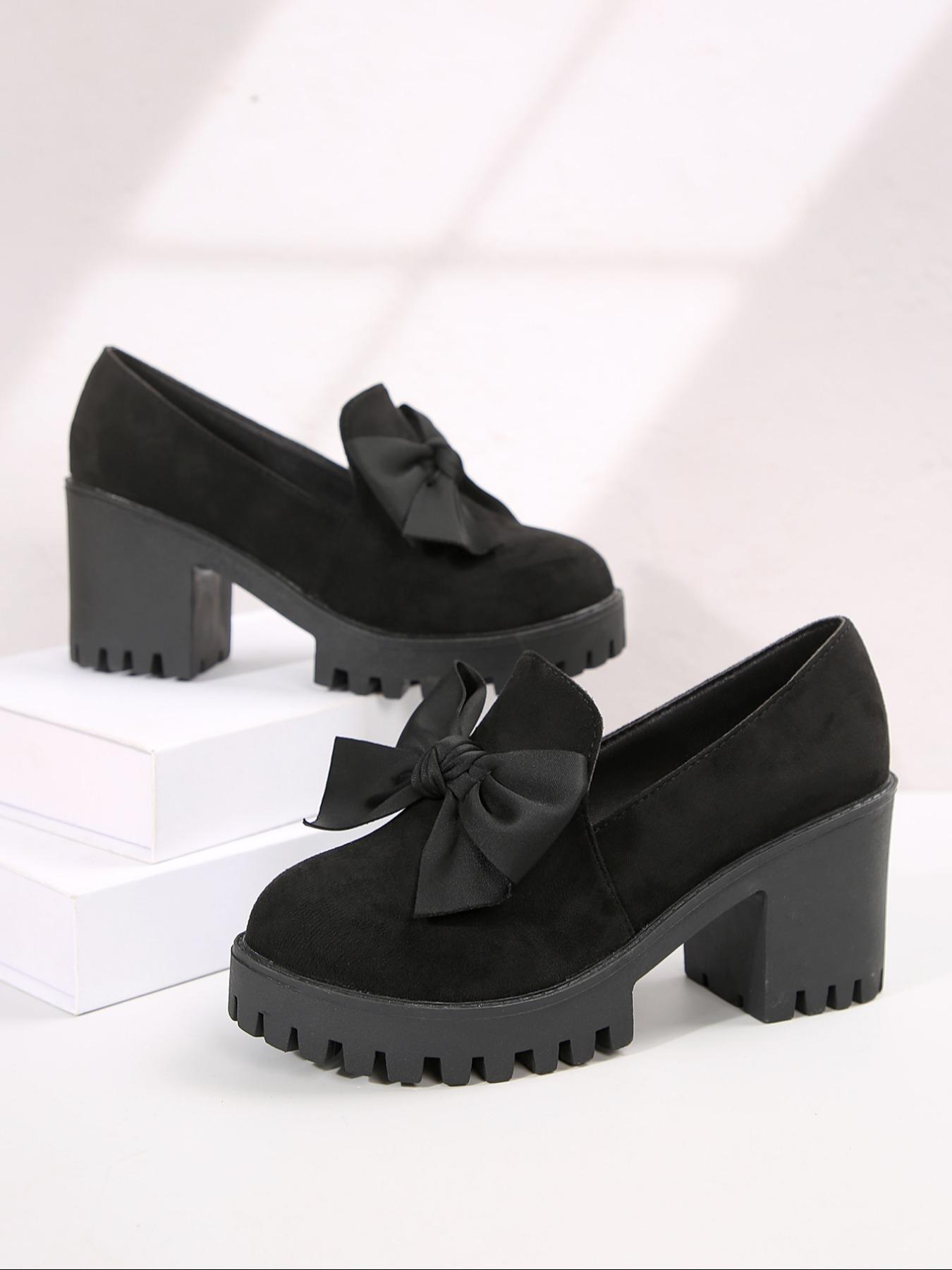 Women's Fashion Bow Design Slip-On Platform Loafers, Casual Fall Winter Shoes, Comfortable Round Toe Daily Wear, Thick Sole Leather Boots