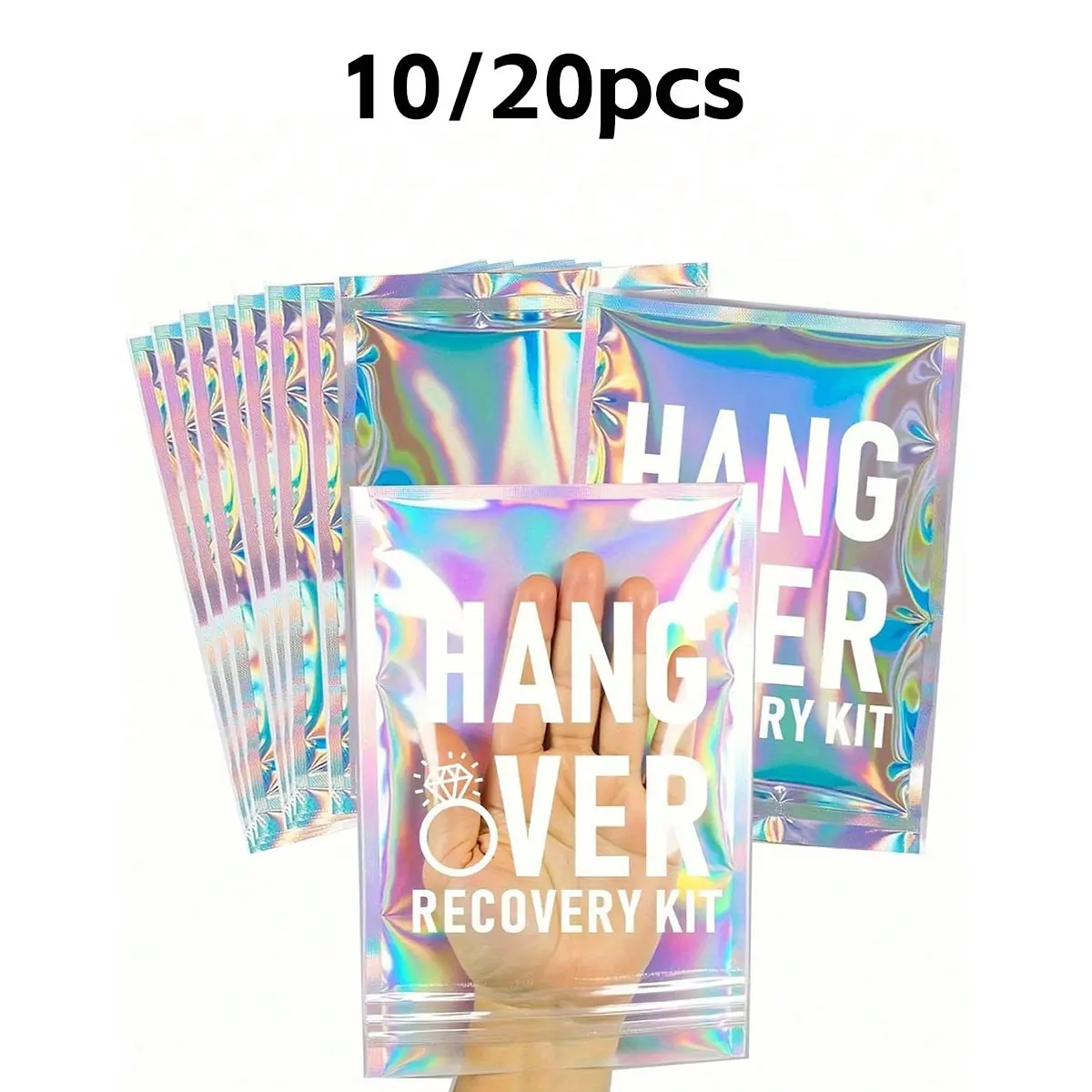10/20 Pack Hangover Recovery Kit, Self-Care Set, Pre-Printed Holographic Re-Sealable Bags, Goody Bags, Party Favors, Perfect for Singles Party Gifts, Wedding Welcome Gifts