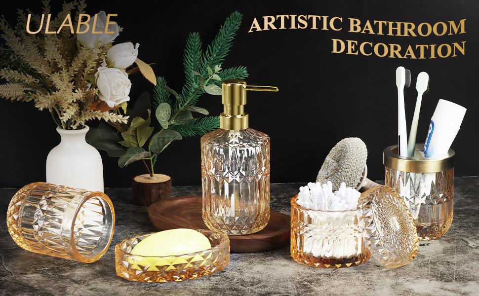 Bathroom Accessories Set, 5Pcs Gold Glass Bathroom Accessories Set with Gold Soap Dispenser, Soap Dish, Toothbrush Holder, Tumbler, Cotton Swab Jars