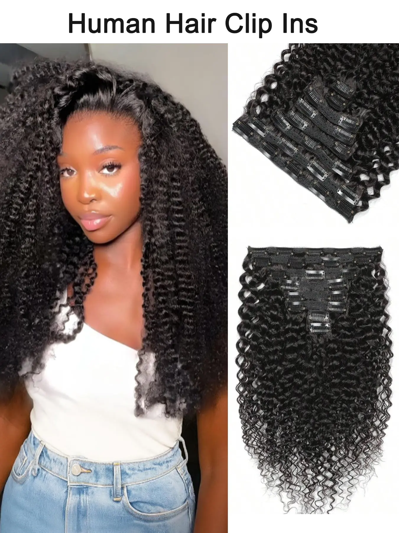 Kinky Curly Clip in Hair Extensions Human Hair 8pcs 120g/set Brazilian Virgin Hair Clip Ins for Women Natural Black Color Gift Christmas Gift  Holiday Wig Festive Style