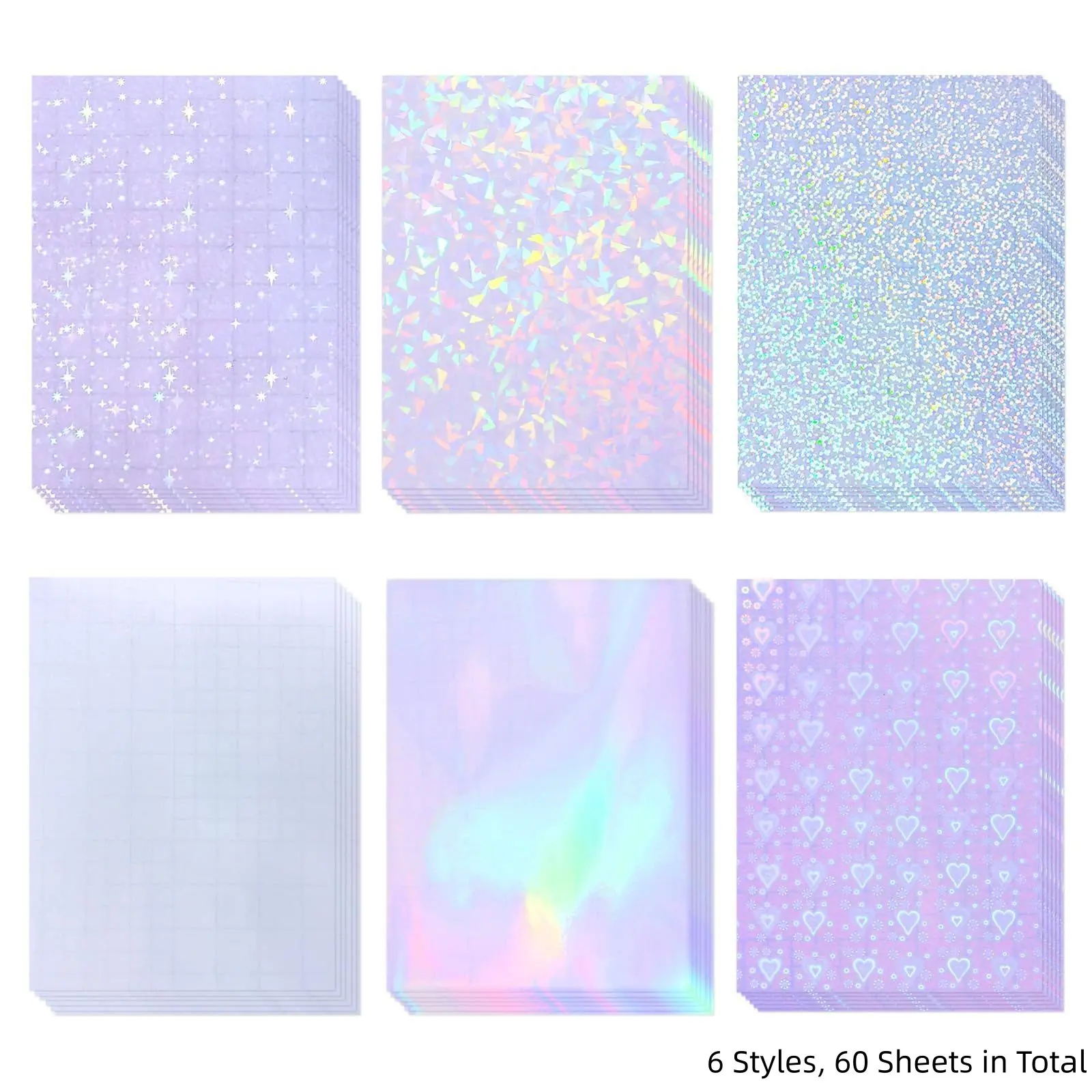 60 Sheets Holographic Laminate Sheets, 6 Styles Clear Self Adhesive Waterproof Vinyl Overlay, 8.5 x 11 Inch Laminating Sticker Paper for Stickers, Photos, Crafts and DIY Projects