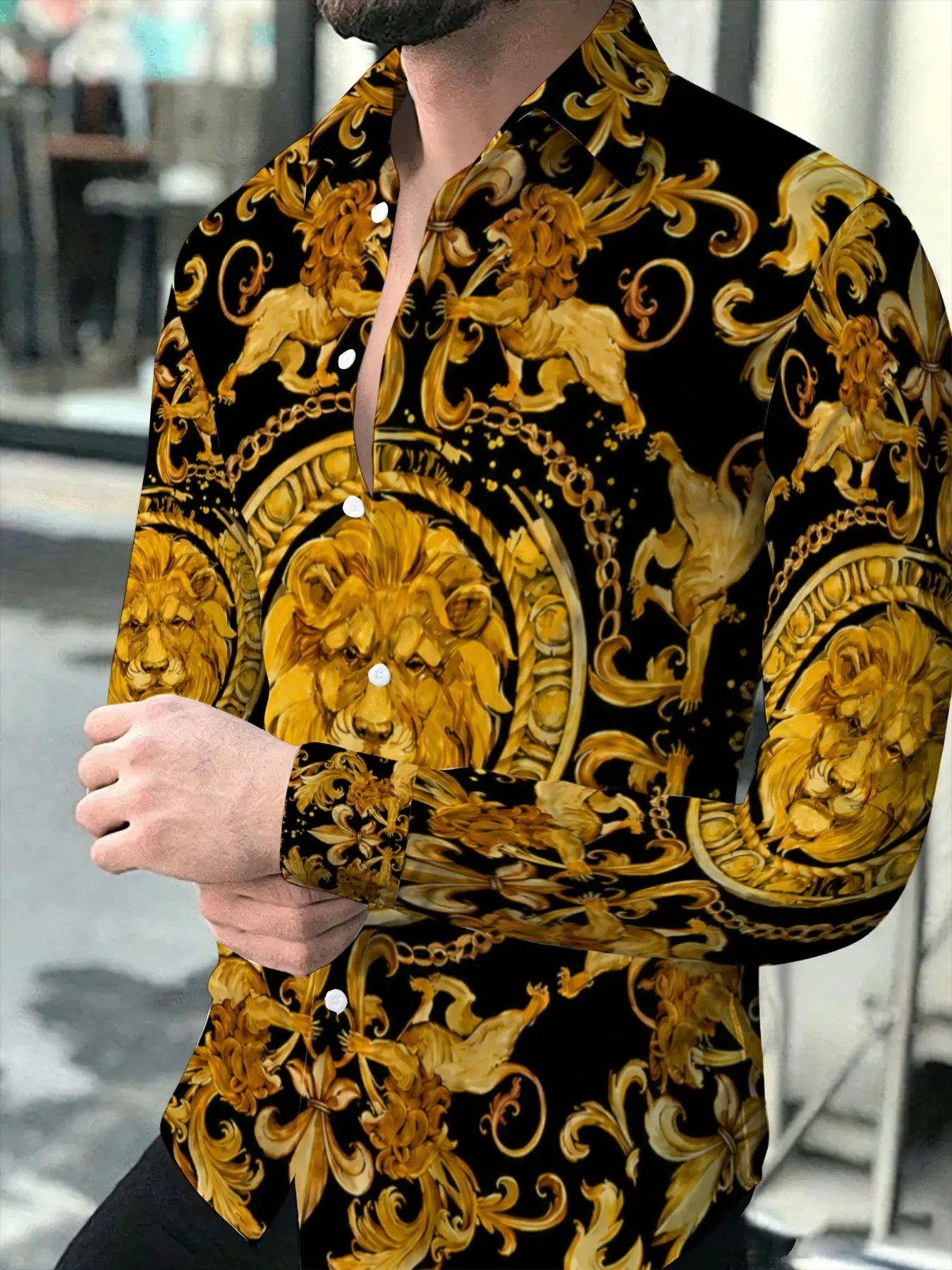 Men's Fashion Long Sleeve Shirt Golden Lion Print Baroque Pattern Trendy Personality Top Business Casual Versatile Men's Shirt,, Suitable for leisure and sports scenarios