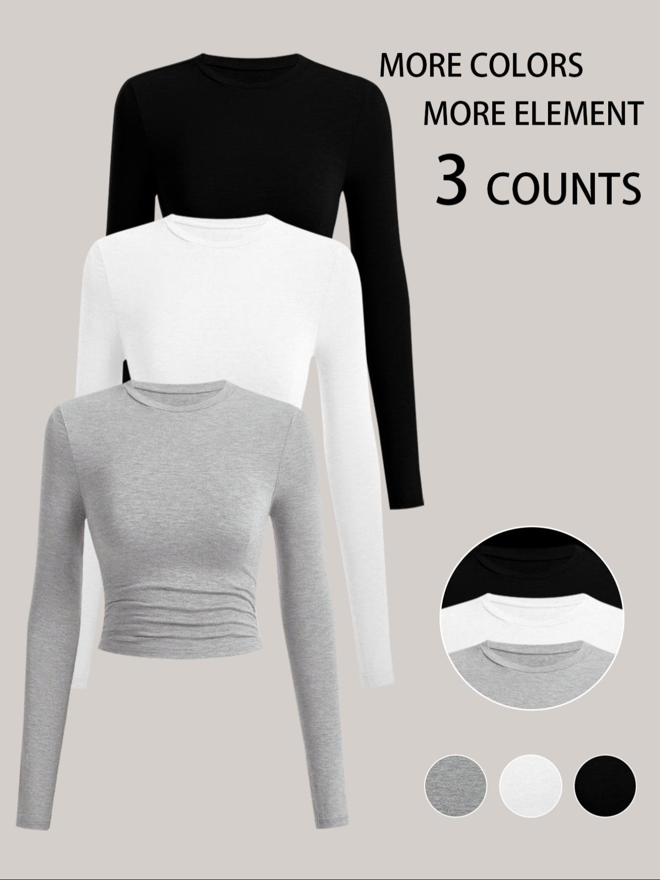 Women's Autumn Winter Casual Slim-Fit Long Sleeve T-Shirt Set, Side Ruched Design, Three-Piece Fashion Top for Daily Wear