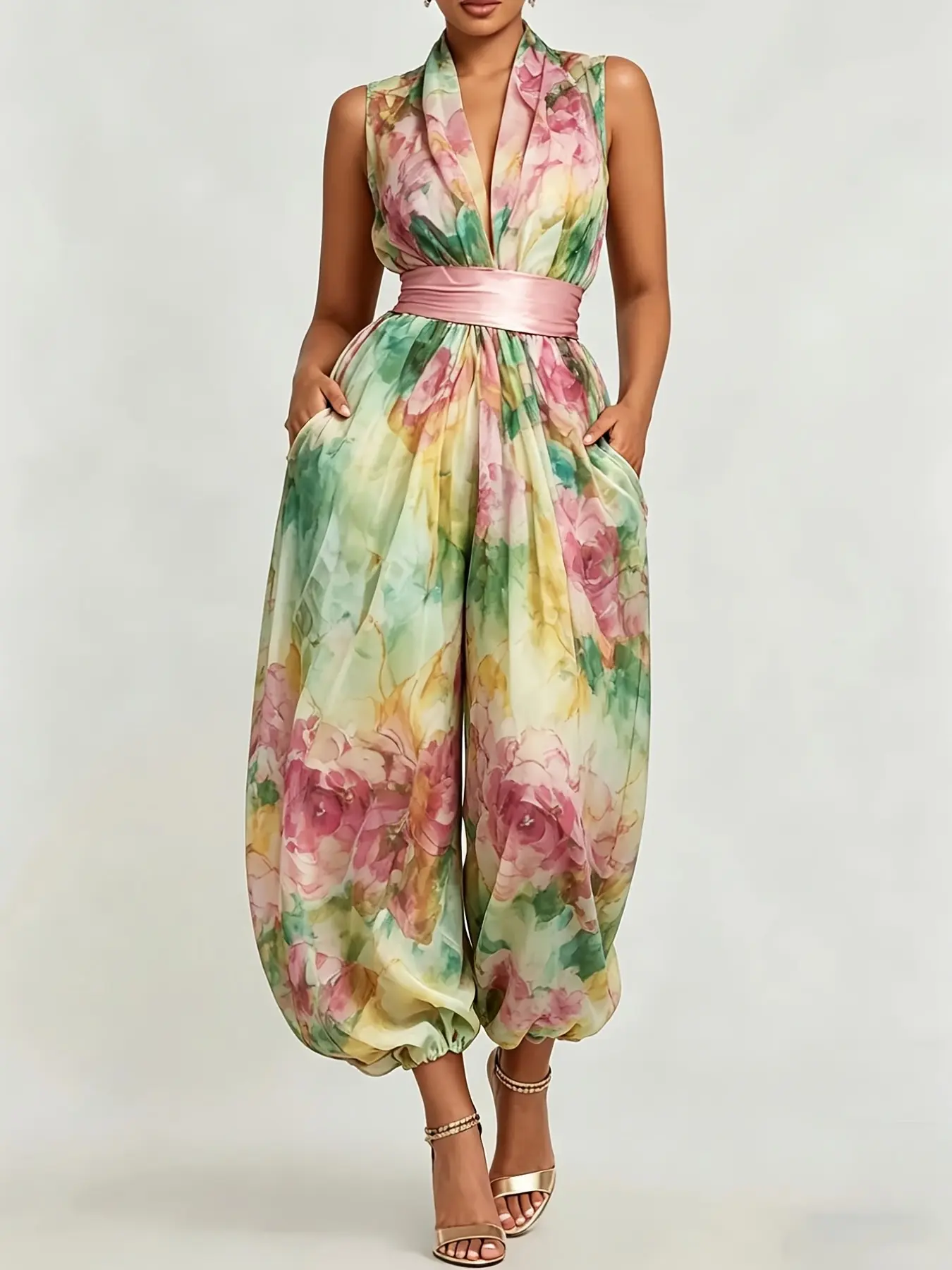 Urban Casual Floral Print V-Neck Sleeveless High-Waisted Pocket Romper, Stylish Summer, Comfortable & Trendy Design, Casual Pocket Jumpsuit